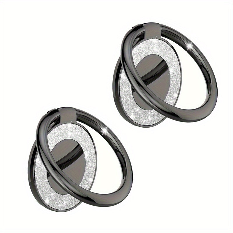 2pcs Phone Metal Finger Ring Buckle for All Mobile Phones - 360° Rotation Back Sticker Holder, Smartphone Accessories with Glitter Design
