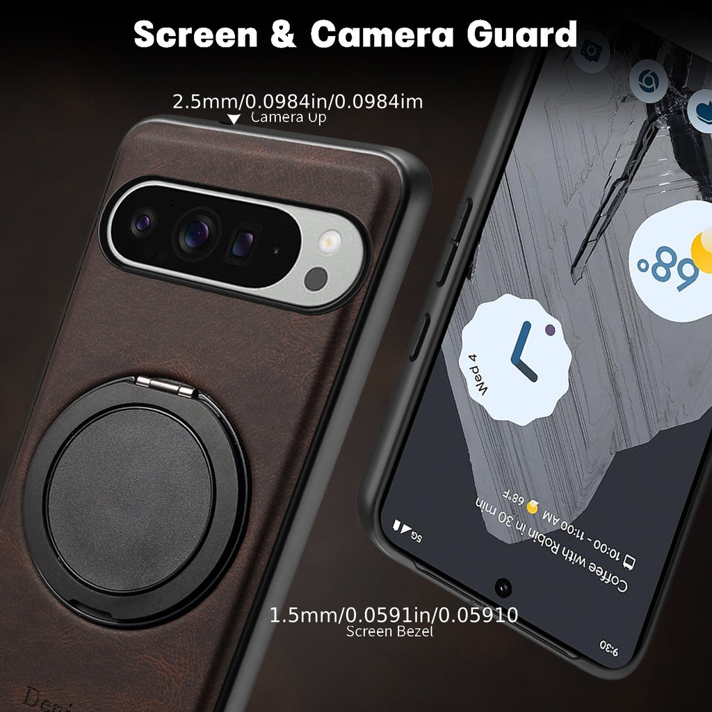 Phone Case - Denior for Google Pixel 10\u002F9\u002F8\u002F7A Pro Magnetic Car Mount Faux Leather Case Innovative 360° Rotating Ring Stand Phone Case Vintage Design Unisex Fashion Trend