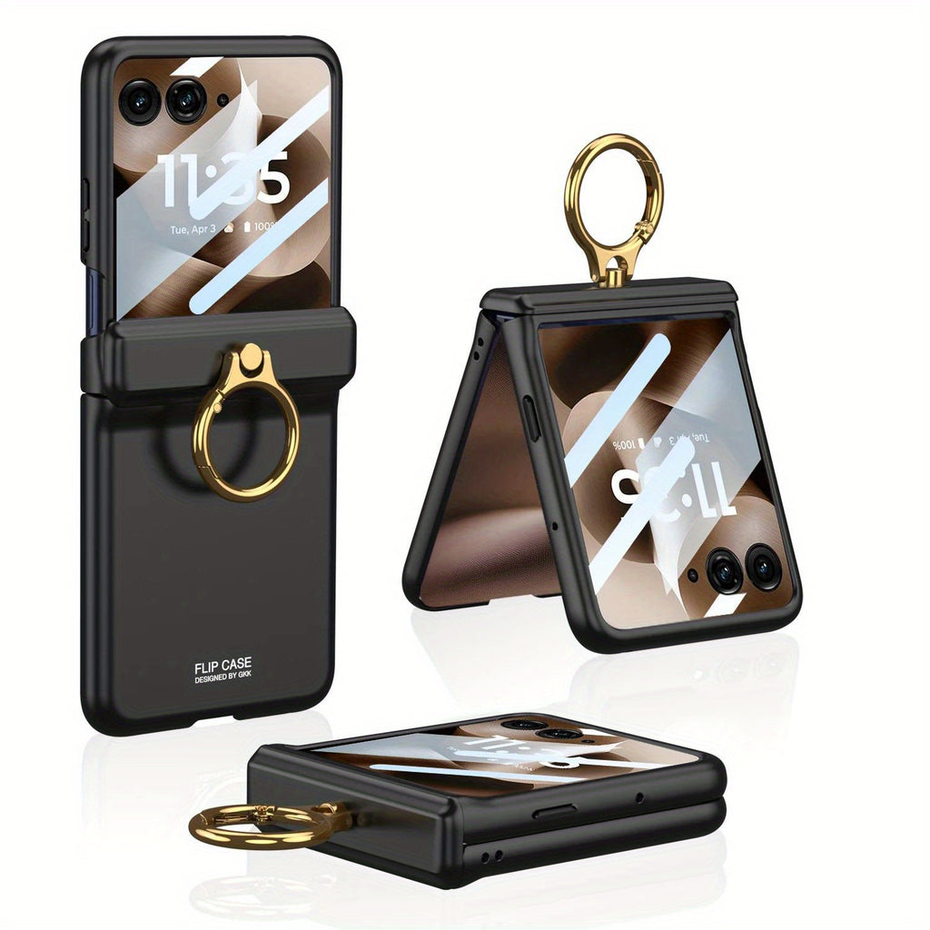 Luxury Solid Color Matte Sutitable for Motorola Razr 60 Ultra Case Magnetic Folding Hinge Ring Holder with Tempered Film Shockproof Cover