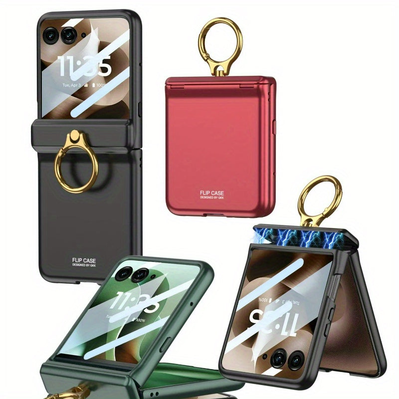Luxury Solid Color Matte Sutitable for Motorola Razr 60 Ultra Case Magnetic Folding Hinge Ring Holder with Tempered Film Shockproof Cover