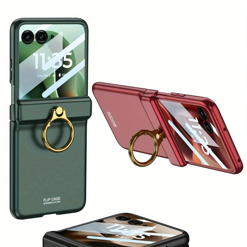 Luxury Solid Color Matte Sutitable for Motorola Razr 60 Ultra Case Magnetic Folding Hinge Ring Holder with Tempered Film Shockproof Cover