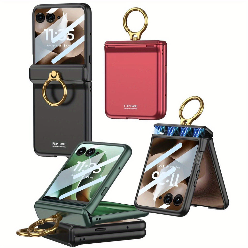 Luxury Solid Color Matte Sutitable for Motorola Razr 60 Ultra Case Magnetic Folding Hinge Ring Holder with Tempered Film Shockproof Cover