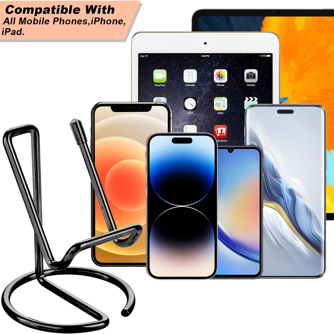 Cell Phone Stand for Desk, Cute Metal Silvery Cell Phone Stand Holder Desk Accessories, Compatible with All Mobile Phones, iPhone, iPad