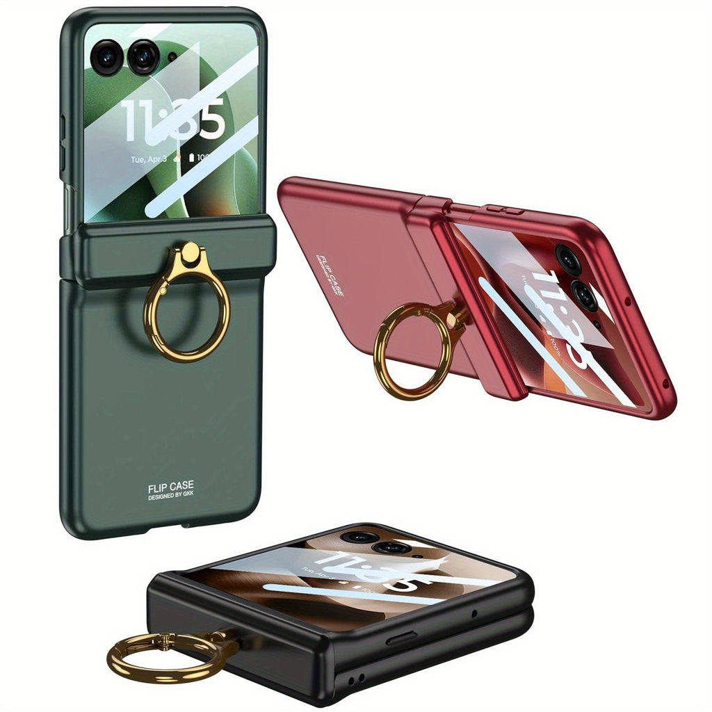Luxury Solid Color Matte Sutitable for Motorola Razr 60 Ultra Case Magnetic Folding Hinge Ring Holder with Tempered Film Shockproof Cover