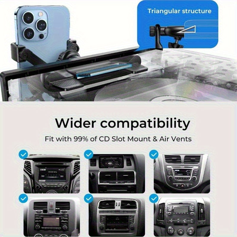 3-in-1 CD & Air Vent Car Phone Holder with Extendable Arm | 360° Rotation, 2025 Upgraded Version, Compatible with iPhone & Android Phones 4-7 Inches