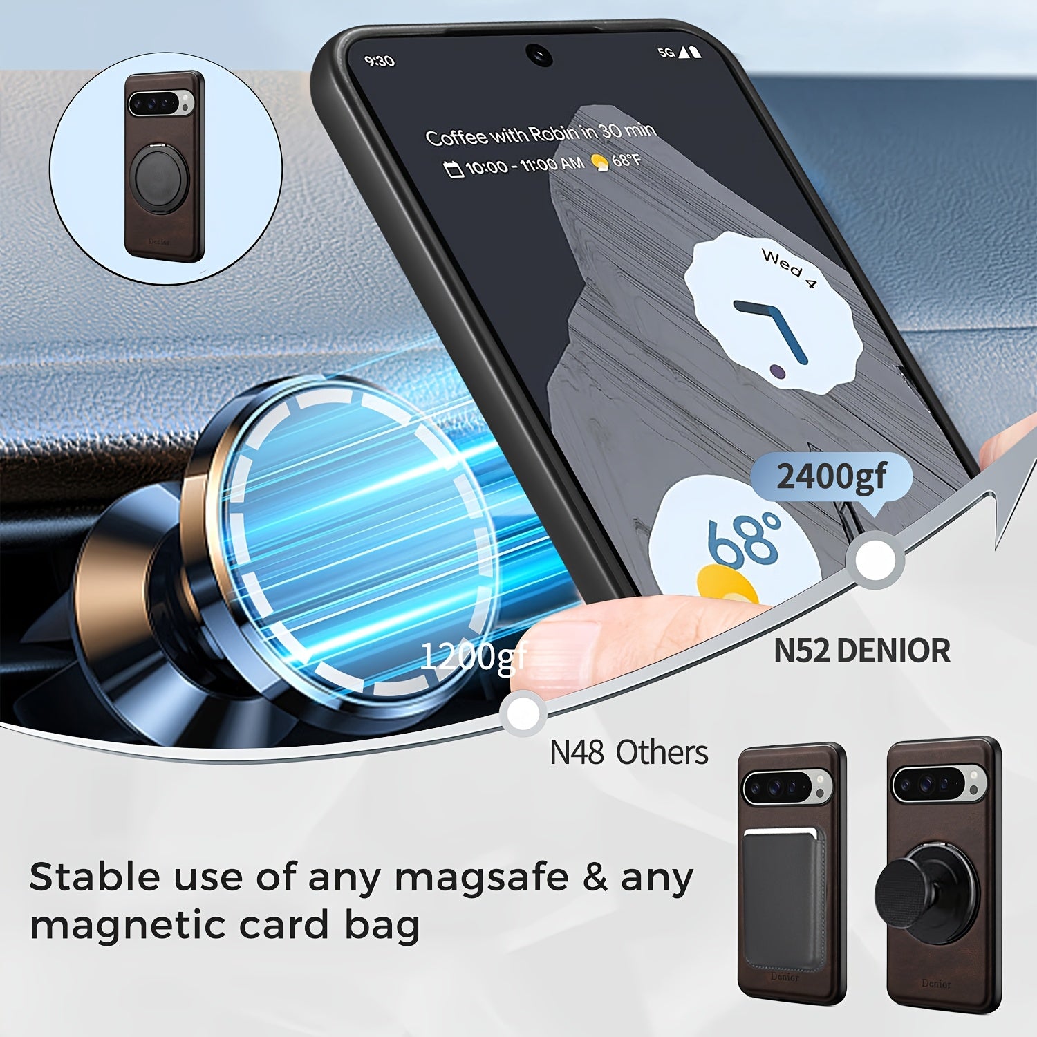 Phone Case - Denior for Google Pixel 10\u002F9\u002F8\u002F7A Pro Magnetic Car Mount Faux Leather Case Innovative 360° Rotating Ring Stand Phone Case Vintage Design Unisex Fashion Trend