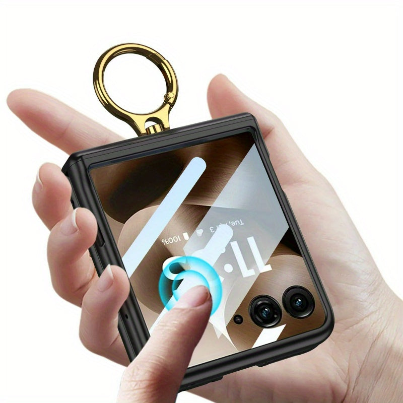 Luxury Solid Color Matte Sutitable for Motorola Razr 60 Ultra Case Magnetic Folding Hinge Ring Holder with Tempered Film Shockproof Cover